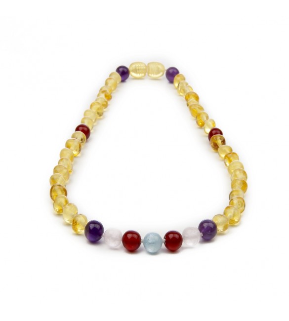 Amber teething necklace - Gemstone - polished lemon - quartz rose 